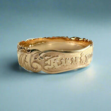 Load image into Gallery viewer, Scalloped 18mm Deep Cut Old English & Plumerias Raised "Kuuipo" Hawaiian Bangle Bracelet in 14K Yellow Gold
