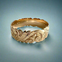 Load image into Gallery viewer, Scalloped 18mm Deep Cut Old English & Plumerias Raised "Kuuipo" Hawaiian Bangle Bracelet in 14K Yellow Gold