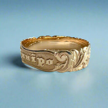 Load image into Gallery viewer, Scalloped 18mm Deep Cut Old English & Plumerias Raised "Kuuipo" Hawaiian Bangle Bracelet in 14K Yellow Gold