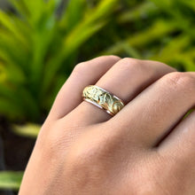 Load image into Gallery viewer, Two-Tone Old English & Hibiscus Hawaiian 8mm Ring in 14K Pink & Green Gold