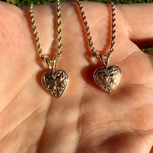 Hawaiian Puff heart pendants in yellow and pink gold