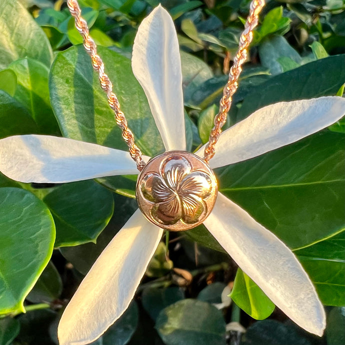 Double Sided Two-Tone Round Plumeria & Hibiscus Slider Pendant in 14K Gold