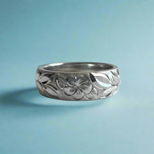 Load image into Gallery viewer, Turtle, Shiny Maile & Plumeria with Leaves 6mm Ring in 14K White Gold