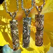 Load image into Gallery viewer, Hawaiian Pendant with Hibiscus &amp; Old English Scroll in 14K Yellow, White and  Pink Gold
