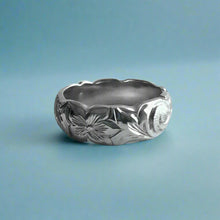 Load image into Gallery viewer, Scalloped Old English & Hibiscus 6mm Ring in 14K White Gold in size 5 1/2