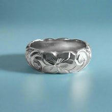 Load image into Gallery viewer, Scalloped Old English & Hibiscus 6mm Ring in 14K White Gold in size 6 1/2
