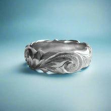 Load image into Gallery viewer, Scalloped Old English & Hibiscus 6mm Ring in 14K White Gold in size 7