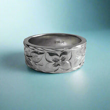 Load image into Gallery viewer, Maile & Hibiscus 8mm  Hawaiian Flat Ring in 14K White in size 8 1/4