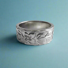 Load image into Gallery viewer, Maile & Hibiscus 8mm  Hawaiian Flat Ring in 14K White in size 8 1/4