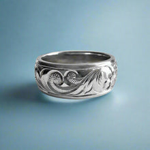 Load image into Gallery viewer, Old English & Hibiscus 8mm Ring in 14K White Gold in size 8