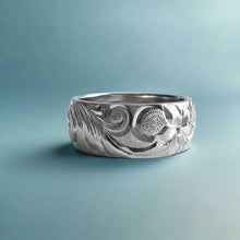 Load image into Gallery viewer, Old English & Hibiscus 8mm No Border Hawaiian Ring in 14K White Gold in size 8 1/2