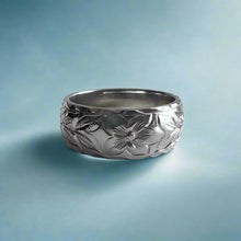Load image into Gallery viewer, Maile & Hibiscus 8mm Hawaiian Ring in 14K White Gold in size 7 3/4