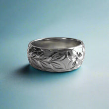 Load image into Gallery viewer, Maile & Hibiscus 8mm Hawaiian Ring in 14K White Gold in size 7 3/4