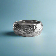 Load image into Gallery viewer, Maile & Hibiscus 8mm Hawaiian Ring in 14K White Gold in size 7 3/4