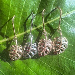Monstera Leaf Dangle Earrings in 14K Yellow, White, Pink or Green Gold