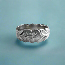 Load image into Gallery viewer, Scalloped Shiny Maile & Hibiscus 8mm HawaiianRing in 14K White Gold in size 7 1/2