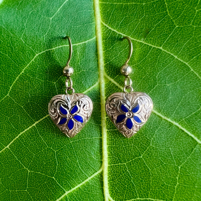 Hawaiian Puanani Heart Earrings in 14K Gold with Cobalt Blue Enamel Flower