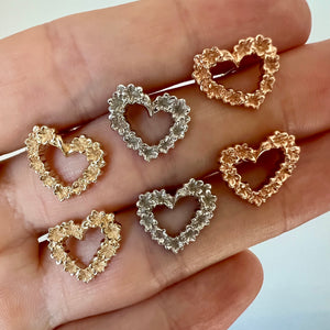 Gold heart earrings with plumeria flowers
