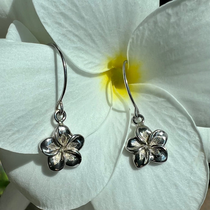 Plumeria Dangle with Round Ear Wire Earrings in 14K White Gold