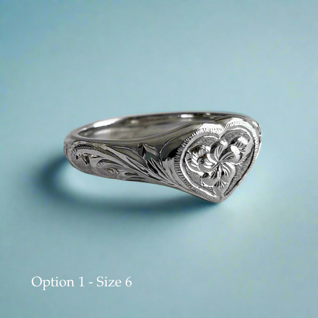 Heart Ring w/ Old English & Flower in 14K White or Green Gold