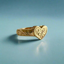 Load image into Gallery viewer, Hibiscus & Old English Valentine Heart Ring in 14K Yellow Gold