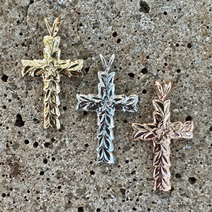 Shiny Maile Scalloped Cross Pendant in 14K Yellow, White and Pink Gold