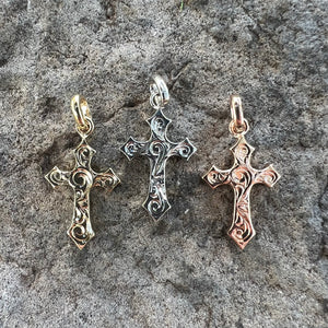 Small Byzantine Cross Pendant in 14K Yellow, White and Pink Gold