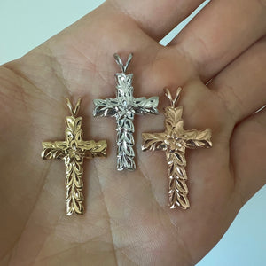 Gold Hawaiian Jewerly cross pendants with Maile engraving 