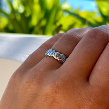 Load image into Gallery viewer, Scalloped Old English & Hibiscus 6mm Ring in 14K White Gold in size 9 1/2