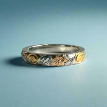 Load image into Gallery viewer, Tri-Color Hawaiian Haku Lei 3mm Ring in 18K Gold and Platinum