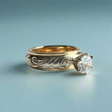 Load image into Gallery viewer, Two-Tone Old English & Plumeria 6mm Solitaire Ring w/ Cubic Zirconia in 14K Yellow & White Gold