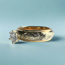 Load image into Gallery viewer, Two-Tone Old English & Plumeria 6mm Solitaire Ring w/ Cubic Zirconia in 14K Yellow & White Gold