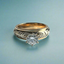 Load image into Gallery viewer, Two-Tone Old English & Plumeria 6mm Solitaire Ring w/ Cubic Zirconia in 14K Yellow & White Gold