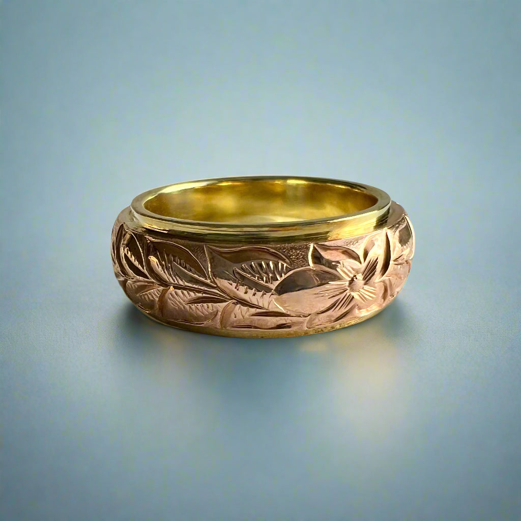 Two-Tone Maile & Hibiscus 8mm Ring in 14K Green & Pink Gold