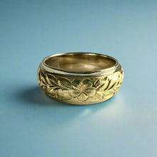 Load image into Gallery viewer, Two-Tone Maile & Plumeria 8mm Hawaiian Ring in 14K White & Green Gold
