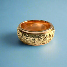 Load image into Gallery viewer, Two-Tone Plumeria with Leaves 8mm Ring in 14K Pink & Yellow Gold Size 6 5/8