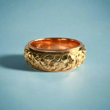 Load image into Gallery viewer, Two-Tone Plumeria with Leaves 8mm Ring in 14K Pink & Yellow Gold Size 8 1/8