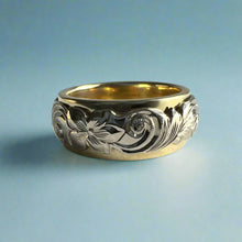 Load image into Gallery viewer, Two-Tone Scalloped Top Old English & Hibiscus 8mm Ring in 14K Green & White Gold