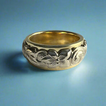 Load image into Gallery viewer, Two-Tone Scalloped Top Old English & Hibiscus 8mm Ring in 14K Green & White Gold