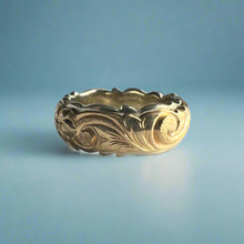 Load image into Gallery viewer, Two-Tone Scalloped Top & Border Old English & Hibiscus 8mm Ring in 14K White & Yellow Gold