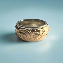 Load image into Gallery viewer, Two-Tone Scalloped Top Hibiscus & Old English 10mm Ring in 14K Yellow & White Gold