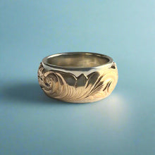 Load image into Gallery viewer, Two-Tone Scalloped Top Hibiscus & Old English 10mm Ring in 14K Yellow & White Gold