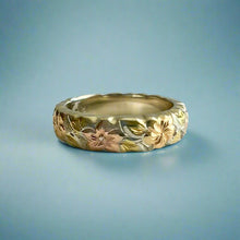 Load image into Gallery viewer, Tri-Color Scalloped Haku Lei 4mm Ring in 14K Gold