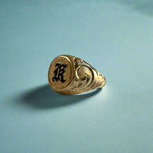 Load image into Gallery viewer, Large Round Old English Signet Ring with Initial "K" in 14K Yellow Gold