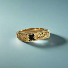Load image into Gallery viewer, Old English & Hibiscus with leaves Flower Signet Ring with Black Initial "K" in 14K Yellow Gold