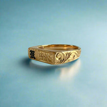 Load image into Gallery viewer, Old English & Hibiscus with leaves Flower Signet Ring with Black Initial "K" in 14K Yellow Gold