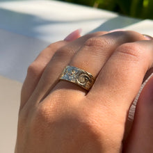 Load image into Gallery viewer, Old English & Hibiscus 8mm Hawaiian Flat Ring in 14K Yellow Gold in size 8 1/2