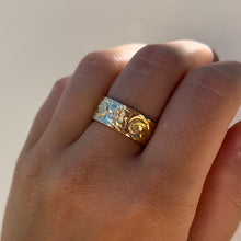 Load image into Gallery viewer, Old English & Hibiscus 8mm Hawaiian Flat Ring in 14K Yellow Gold in size 8 1/2