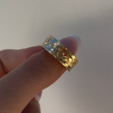 Load image into Gallery viewer, Old English & Hibiscus 8mm Hawaiian Flat Ring in 14K Yellow Gold in size 8 1/2