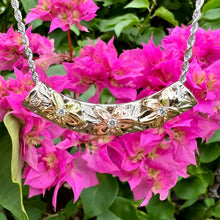 Load image into Gallery viewer, Multicolor Three Plumeria Lei Filigree Pendant with Diamonds in 14K Gold